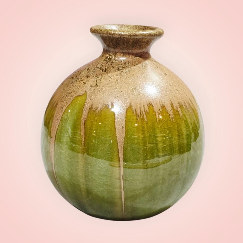 Pottery Bud Vase Green Tan Drip Glaze 5"×3.5" Country Farmhouse Decor